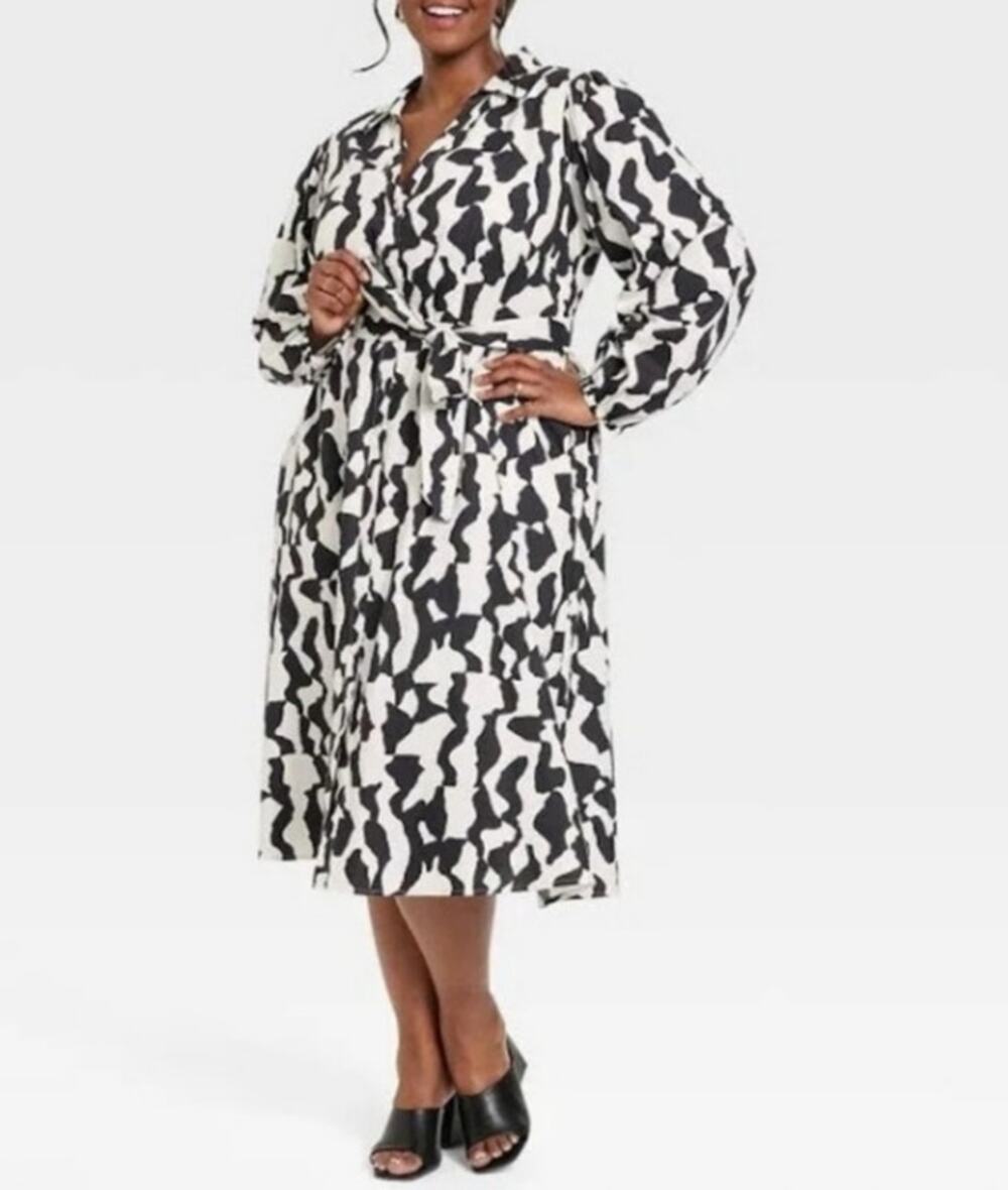 Ava & Viv Balloon Long Sleeve Cotton Waist Tie Midi Shirtdress Size 4X